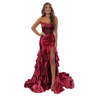 Imagem de Vestido de baile Mollyevers Corset Mermaid Ruffle Satin Burgundy