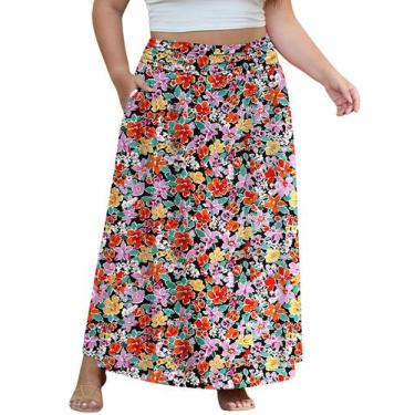 Imagem de Saia OLRIK Plus Size A-Line, longa, elástica, cintura alta, preta