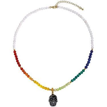 Imagem de Jewever Colar de 7 chakras, corrente de pedras preciosas reiki, obsidiana, pequenos colares com pingente de caveira para mulheres, colar gargantilha com cristais de cura reais (40,6 cm + 5 cm)