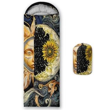 Imagem de AILONEN Sacos de dormir para acampamento sol e lua, leves e à prova d'água, clima quente e frio, boho exótico preto galáxia golg sacos de dormir para meninos, meninas, adultos, viagens, atividades ao