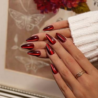 Imagem de SXVME Unhas de pressão de olho de gato vermelho escuro em amêndoa - unhas de acrílico com estilete médio, unhas falsas de vinho com glitter brilhante com cola, ajuste perfeito, gel macio brilhante nas