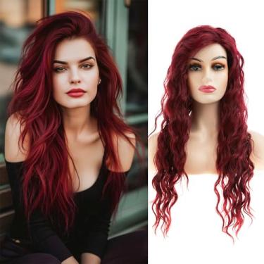 Imagem de Sallcks Peruca feminina vermelha escura longa encaracolada ondulada borgonha aparência natural parte lateral cosplay fantasia Halloween peruca sintética