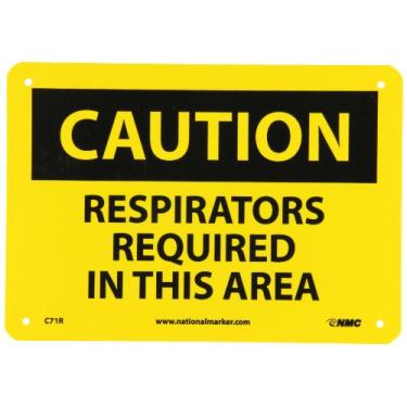Imagem de NMC C71R CUIDADO - RESPIRADORES NECESSÁRIOS NESTA ÁREA - Placa de cuidado de plástico rígido de 25,4 cm x 17,8 cm com texto amarelo/preto na base preta/amarela