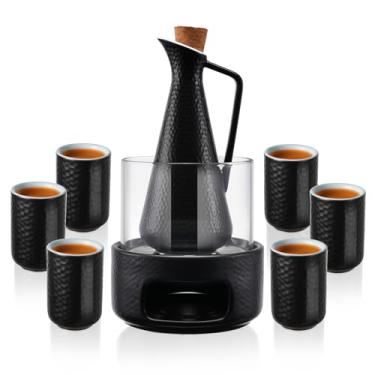 Imagem de ZENS Conjunto de saquê com aquecedor, garrafa de saquê de cerâmica em relevo de 350 ml, 6 copos de saquê e pote de vidro para saquê japonês quente ou frio, conjuntos de presente de jarra de saquê