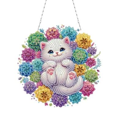 Imagem de C'eitura 2D/Flat Succulent White Cat Diamond Art Painting Hanging Pendant Diamond Art Decors for Garden Window