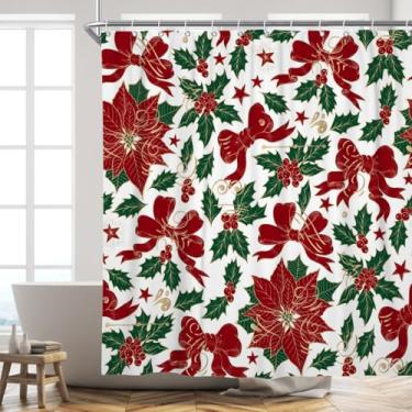 Imagem de ZJRBJB Cortina de chuveiro de Natal tema verde vermelho Natal Ano Novo inverno cortinas de banheiro impermeável tecido poliéster férias casa de fazenda madeira decoração de porta de celeiro lavável
