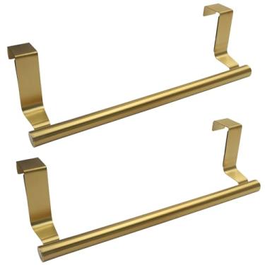 Imagem de Hitefu Pacote com 2 suportes de toalha de aço inoxidável sobre armário, toalheiro de ajuste universal para panos de prato, organização de cozinha e portas de armário (ouro)
