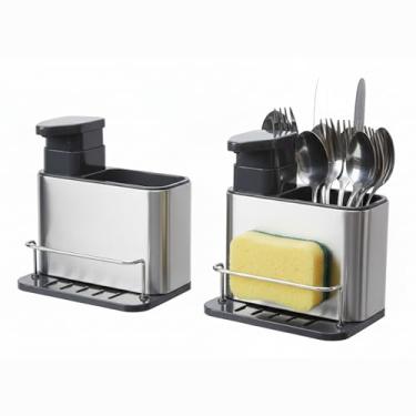Imagem de Porta Detergente Organizador Pia Inox - Dispenser Esponja Talheres Drenagem Fácil