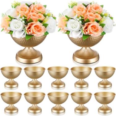 Imagem de Yiyiring Conjunto de 12 vasos de urna dourada para centros de mesa, tigela de compota martelada de 15 cm para decoração de mesa de vaso de metal vintage de casamento com tapete antiderrapante para
