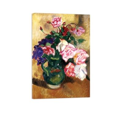 Imagem de Flores Pintura em tela Famosa Pintura Reprodução-Quadros para sala de estar-Rosas em jarra verde-Pôster pronto para pendurar Tela Embrulhada 20x30cm
