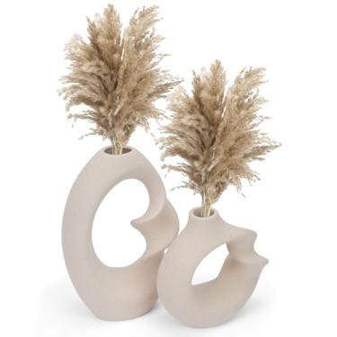 Imagem de Mulaibdin Conjunto de 2 vasos de cerâmica branca, vasos de flores decorativos grandes estilo boêmio, decoração de arte moderna fosca para sala de estar, estante de livros, entrada, decoração de casa