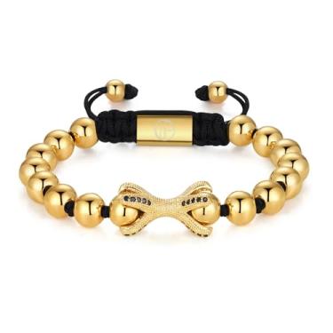 Imagem de WP WEPICK Pulseiras masculinas banhadas a ouro 18 quilates com cruz de estrela de oito garras, trevo de quatro folhas, coração e gato, pulseira com pingente de aço inoxidável, contas de ouro