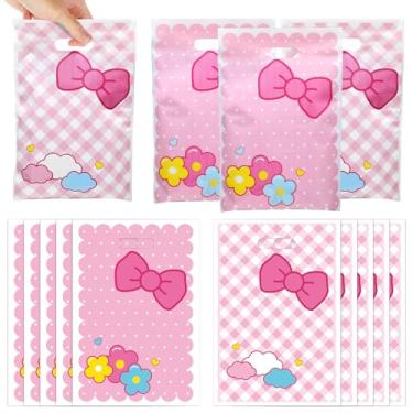 Imagem de 50 peças de sacolas fofas para lembrancinhas de festa de gato rosa de gato fofo, decoração de festa de aniversário, estampa de flores, bolsa de presente de plástico com alça de desenho animado para