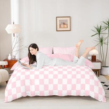 Imagem de Conjunto de capa de edredom rosa quadriculado tamanho casal, conjunto de cama xadrez rosa e branco, 3 peças para decoração de quarto de crianças, meninas, adolescentes, mulheres, estampa geométrica