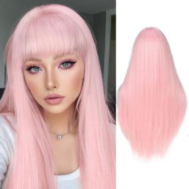 Imagem de Peruca FANCEE rosa pastel longa reta com franja 66 cm sintética