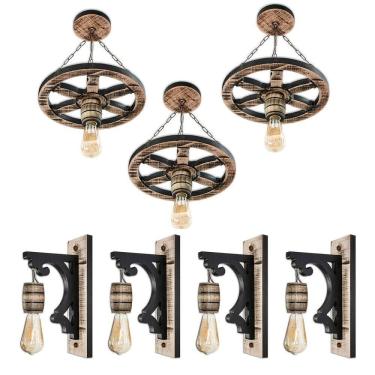 Imagem de Kit Luminárias Roda De Carroça E Arandelas Colonial Madeira