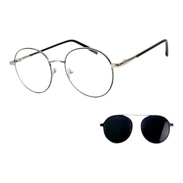 Imagem de Armação Óculos Grau Masculino Redondo 2 Em 1 Harry Prata