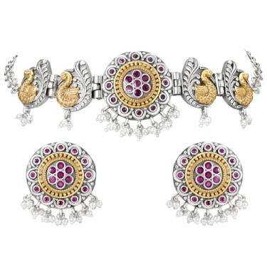 Imagem de Aheli Conjunto de brincos de colar étnico cravejado de rubi falso e Lariya banhado a ouro prata oxidado joias modernas para mulheres