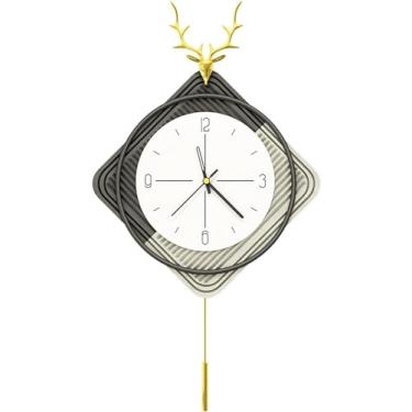 Imagem de YTHLZVBP Relógio de parede de arte moderna relógio de parede grande decorativo com pêndulo, cabeça de veado, moderno, sem tique-taque, relógios de parede de metal silenciosos para sala de estar