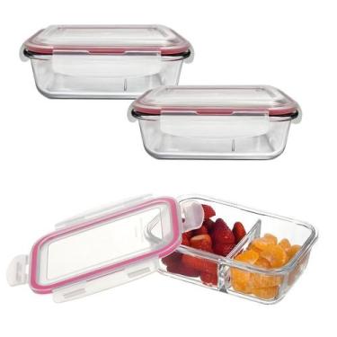 Imagem de Kit 2 Potes de Vidro 1430ml Divisória Hermético Marmita Fit Quadrada C