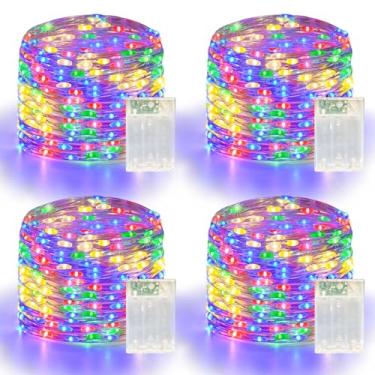 Imagem de Pacote com 4 luzes de Natal de 60 LEDs operadas por bateria - Luzes cintilantes de 60 metros com 2 modos de iluminação interna e externa, luzes LED à prova d'água para quarto, sala de aula, dormitório