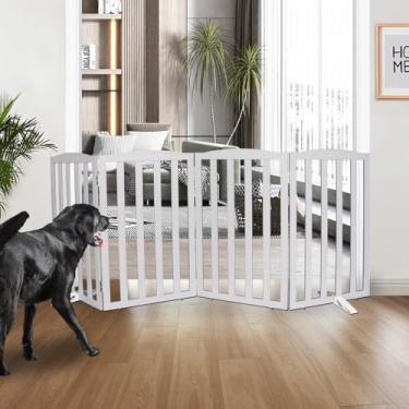 Imagem de ZJSF Portão interno dobrável independente para casa, portões longos de madeira para animais de estimação, cerca para escadas, portões de filhotes para corredores, portão de filhotes, pés de suporte