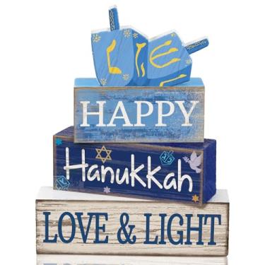 Imagem de Lineshading 4 peças de decoração de mesa de Hanukkah Chanucá em camadas decoração Dreidel estrela de Davi placas de bloco de madeira azul e branco judaico ano novo judaísmo decoração de Hanukkah para