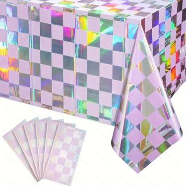 Imagem de Toalha de mesa iridescente holográfica de plástico brilhante toalha de mesa descartável de plástico toalha de mesa xadrez aniversário