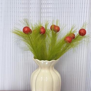 Imagem de 5 peças de ramos de grama de pampas artificiais de Natal, bolas vermelhas com glitter, enfeite de guirlanda de plantas falsas, decoração de vaso diário, festa festiva, 42 x 3 cm