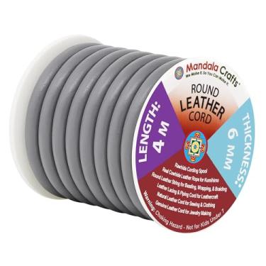 Imagem de Mandala Crafts Corda de couro legítimo de vaca redonda, corda natural de couro cru para fazer joias, trançado Kumihimo, cadarços, Cinza, 6mm, 1