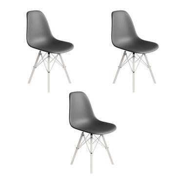 Imagem de Conjunto 3 Cadeiras Eames Estilo Moderno em Ferro Branco com Assento Cinza