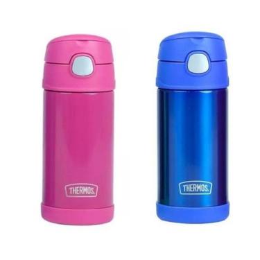 Imagem de KIT Garrafa Térmica Canudo Alça Thermos Inox 355ml, Azul, Rosa