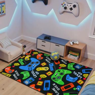Imagem de STARUIA Tapete pequeno lavável de 3 x 12 cm para quarto de menino, preto e legal para quarto de meninos, console de jogos macio para adolescentes, tapetes para quarto de crianças, sala de jogos, sala