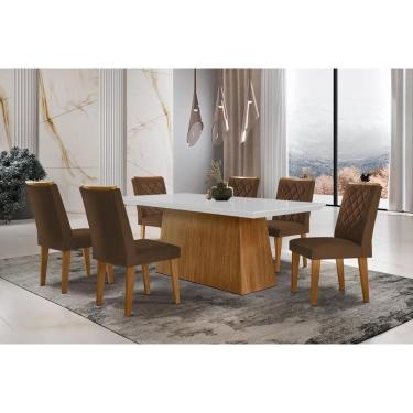 Imagem de Sala De Jantar Completa Luna C- Tampo Vidro Canto Curvo 180x90cm E 6 Cadeiras Jade Imbuia-off White - Suede Marrom - Rufato