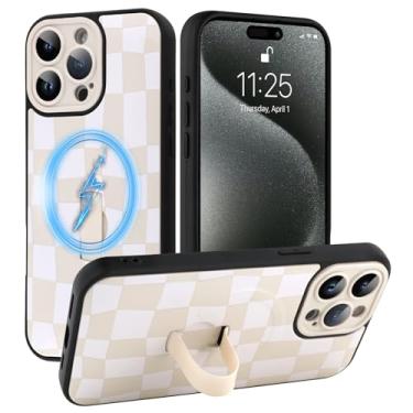 Imagem de SOKAD Capa quadriculada magnética para iPhone 15 Pro com suporte de alça de dedo, compatível com Magsafe, lindo tabuleiro de xadrez projetado para mulheres e homens, capa de proteção completa para