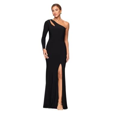 Imagem de Xscape Vestido feminino de malha jersey de um ombro só, manga comprida, recortado, fenda e comprimento até o chão, Preto/Nude, 42