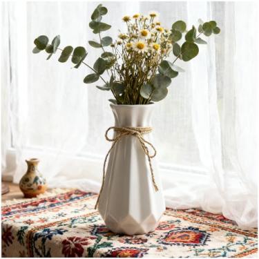 Imagem de Boho Vasos de cerâmica esmaltados brancos de 20 cm para flores com corda de juta natural, vaso de porcelana moderno para prateleira de mesa, decoração de casa (canelado)