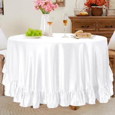 Imagem de Entisn Toalha de mesa redonda com babados de 300 cm, capa de mesa de cetim branco inclui acabamento de 12 cm para mesa de 152 a 232 cm, lavável e resistente a amassados, decoração sedosa para banquete