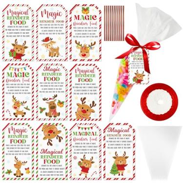 Imagem de CPicdn Conjunto de 100 sacos de guloseimas de celofane de Natal com etiquetas de presente de rena, laços torcidos, sacos de lembrancinha de festa em formato de cone de Natal para biscoitos de doces
