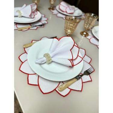 Imagem de Conjunto de 12 jogos americanos estilo americano Jogos americanos para uma mesa de jantar para 6 pessoas Arranjo de mesa Guardanapos redondos Mesa de jantar(Girassol branco-vermelho)