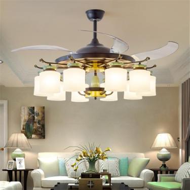 Imagem de Ventilador de teto moderno e discreto com luz LED para sala de estar, restaurante, quarto, escritório, casa de campo ou hotel, com controle remoto (10 lâmpadas, 1 unidade).