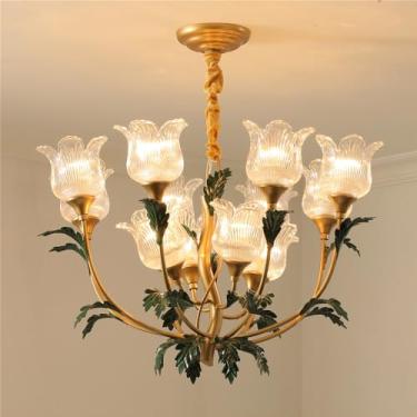 Imagem de Lustre Pastoral Francês com Flores Americanas - Luminária Pendente Decorativa LED para Sala de Estar, Restaurante, Quarto, Villa, Café, Loja de Roupas e Casa (J 12 Lâmpadas)
