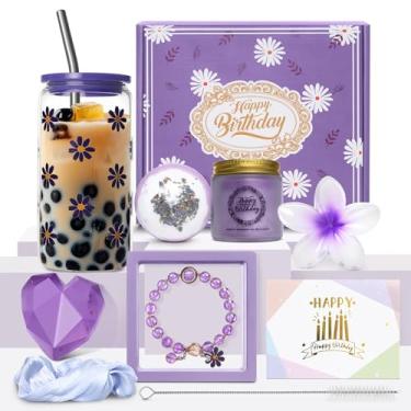 Imagem de FPAKDH Presentes de feliz aniversário para mulheres, meninas, cesta de presente de aniversário roxa para mulheres, cesta de presentes de aniversário para ela, mãe, irmã, melhor amiga, esposa, namorada