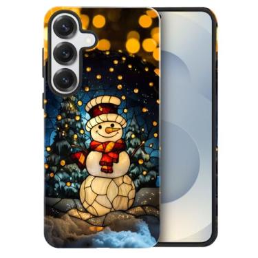Imagem de heindiy Compatível com Samsung Galaxy S25 Plus, capa brilhante, proteção total, à prova de choque, anti-arranhões, capa de TPU, capas para homens e mulheres - vintage Natal boneco de neve vitral