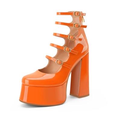 Imagem de Perisis Botas femininas plataforma Mary Janes salto alto bloco grosso cano curto bico fechado botas botas gótico lolita sapatos, Laranja, 37