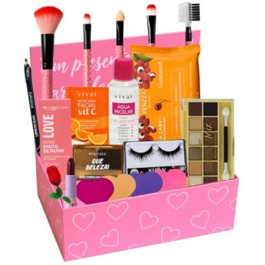 Imagem de Kit Maquiagem Caixa Profissional Completa Make Rosa Paleta Sombras Pincéis Presente