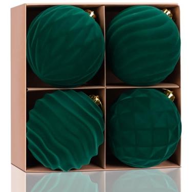 Imagem de WHGJ Conjunto grande de enfeites de bola de Natal de veludo verde escuro de 15 cm, 4 peças de lâmpadas grandes esmeraldas, à prova de estilhaçamento, para decoração ao ar livre de árvore de Natal