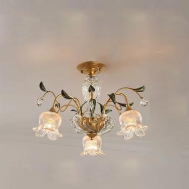 Imagem de Lustre Americano Pastoral com Criatividade Francesa e Flores para Sala de Estar, Sala de Jantar, Quarto, Escritório, Casa de Campo ou Escada - Luminária Pendente LED (3 Lâmpadas)