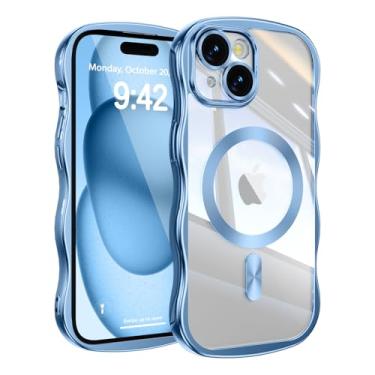 Imagem de UEEBAI Capa para iPhone 15, linda capa de celular magnética com moldura ondulada compatível com Magsafe capa de proteção completa para câmera macia galvanizada para mulheres e meninas - azul