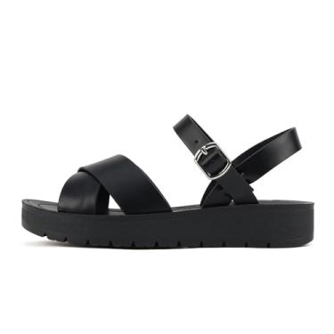 Imagem de Soda CHESTER ~ Sandálias femininas planas com fivela no tornozelo e tiras cruzadas, Todo em poliuretano preto, 7 UK